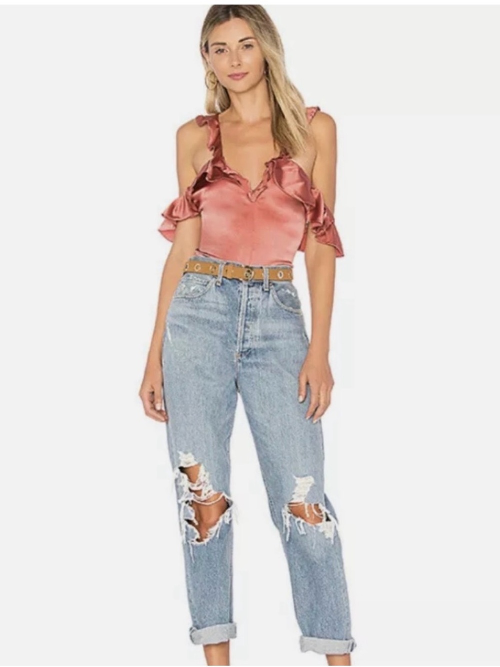 Satin Ruffle Cold-Shoulder Bodysuit in Dusty Rose